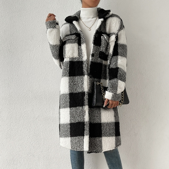 Buffalo Plaid Print Drop Shoulder Teddy Coat